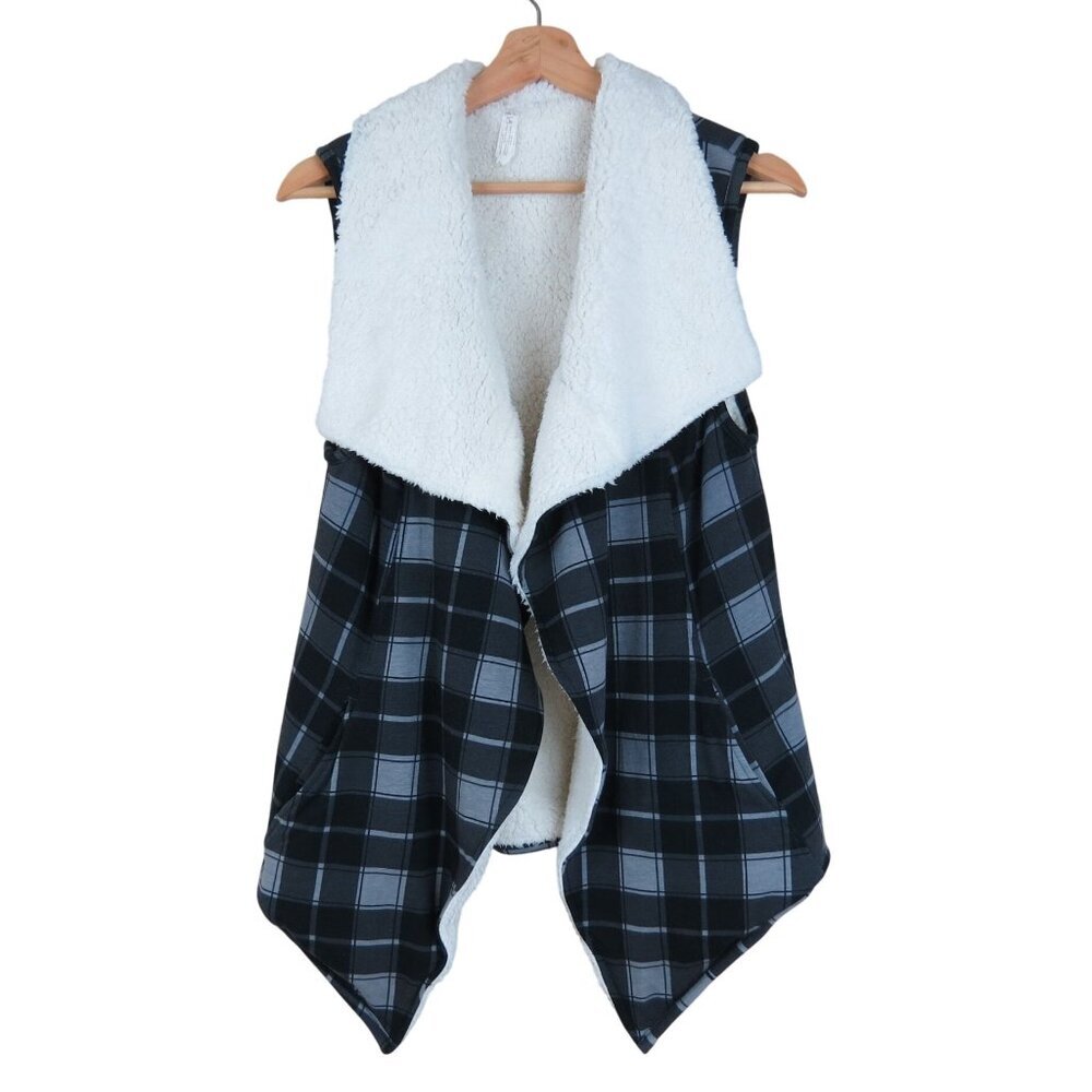 MATILDA JANE Women's Black Gray Plaid Cozy Up Vest S Sherpa Fleece Reversible
